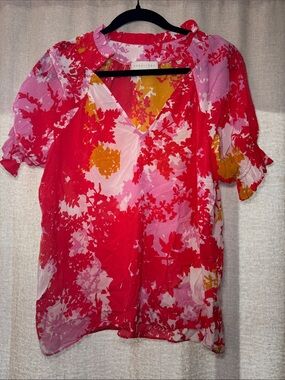 Caballero Pink & Red Floral V-Neck Puff Sleeve Blouse Size Small